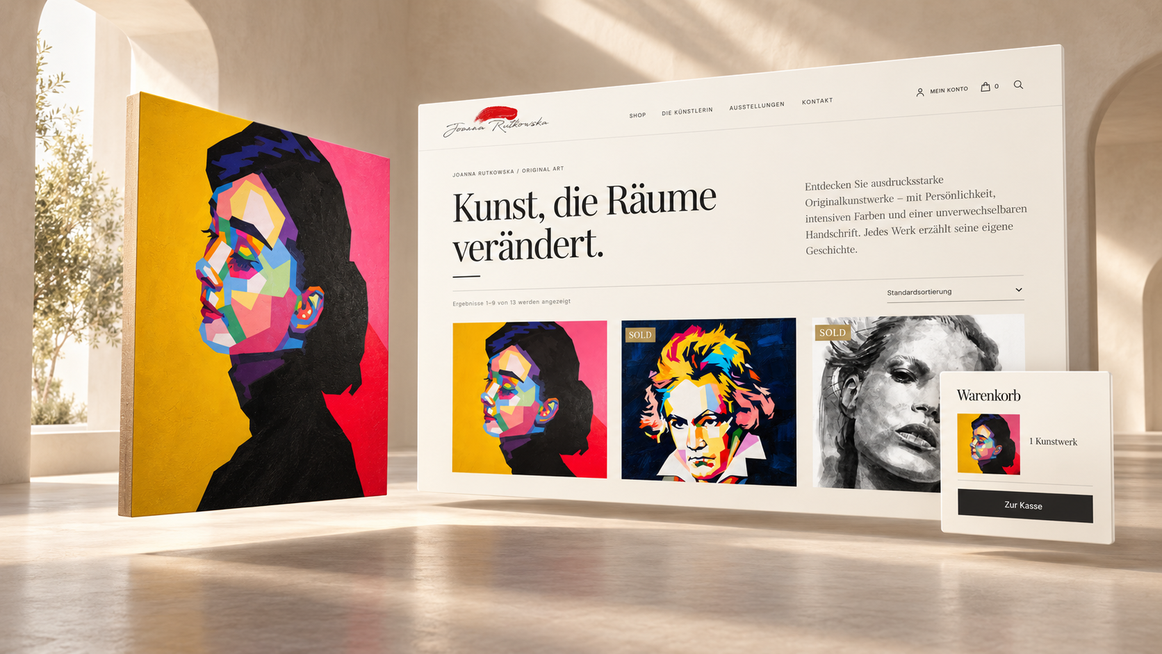 Desktop and mobile views of the JOANNAART website with WooCommerce shop, designed and developed by MEDIENBOX.